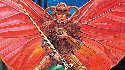 Ilustración de un personaje alado con armadura y casco con cuernos, sosteniendo una copa, portada del cómic 'Moebius. Obra hermética'. Ilustración de un personaje alado con armadura y casco con cuernos, sosteniendo una copa, portada del cómic 'Moebius. Obra hermética'.