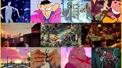 El collage muestra diversas ilustraciones con personajes y escenarios variados: un hombre azul rodeado de formas abstractas, un personaje de caricatura enfadado, una biblioteca, una escena cómica, una vista urbana, un paisaje natural con fogata, animales jugando a las cartas, una carretera, unas manos manipulando un objeto, un personaje amenazante y una escena oscura con máscaras. El collage muestra diversas ilustraciones con personajes y escenarios variados: un hombre azul rodeado de formas abstractas, un personaje de caricatura enfadado, una biblioteca, una escena cómica, una vista urbana, un paisaje natural con fogata, animales jugando a las cartas, una carretera, unas manos manipulando un objeto, un personaje amenazante y una escena oscura con máscaras.