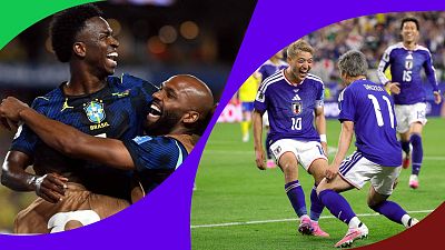 Dos escenas de celebración de goles en un Mundial: jugadores brasileños sonrientes y jugadores japoneses, como Minamino (10) y Maeda (11), con botas rosas, festejan eufóricos. Dos escenas de celebración de goles en un Mundial: jugadores brasileños sonrientes y jugadores japoneses, como Minamino (10) y Maeda (11), con botas rosas, festejan eufóricos.