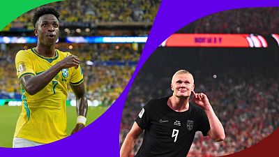 Vinicius Jr. de Brasil y Erling Haaland de Noruega celebran goles en un estadio, anticipando el Mundial de 2026. Ambos futbolistas muestran expresiones y gestos distintivos en medio de la afición. Vinicius Jr. de Brasil y Erling Haaland de Noruega celebran goles en un estadio, anticipando el Mundial de 2026. Ambos futbolistas muestran expresiones y gestos distintivos en medio de la afición.