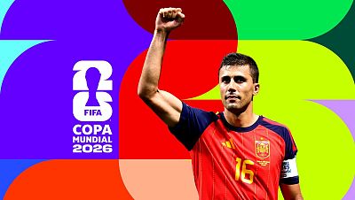 Rodri, con el puño cerrado y el dorsal 16, celebra junto al logo de la Copa Mundial de la FIFA 2026. Rodri, con el puño cerrado y el dorsal 16, celebra junto al logo de la Copa Mundial de la FIFA 2026.
