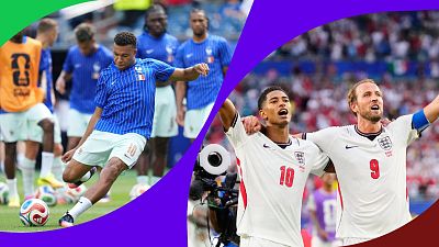 Kylian Mbappé con la camiseta de Francia (nº 10) y Jude Bellingham y Harry Kane con las de Inglaterra (nº 10 y 9) en escenas de fútbol. Kylian Mbappé con la camiseta de Francia (nº 10) y Jude Bellingham y Harry Kane con las de Inglaterra (nº 10 y 9) en escenas de fútbol.