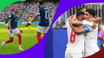 Montaje de celebraciones de goles en el Mundial FIFA 2022: Olise y Mbappé de Francia, y jugadores de Marruecos abrazándose. Montaje de celebraciones de goles en el Mundial FIFA 2022: Olise y Mbappé de Francia, y jugadores de Marruecos abrazándose.