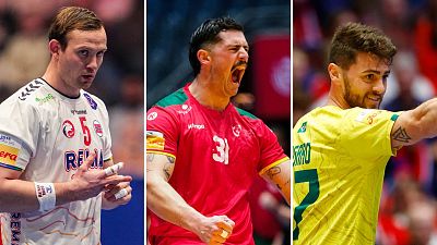 De izquierda a derecha, Sander Sagosen (Noruega) Salvador Salvador (Portugal) y Haniel Langaro (Brasil), estrellas de los equipos rivales España en la 'main round' del Mundial de balonmano. Fotocomposición De izquierda a derecha, Sander Sagosen (Noruega) Salvador Salvador (Portugal) y Haniel Langaro (Brasil), estrellas de los equipos rivales España en la 'main round' del Mundial de balonmano. Fotocomposición