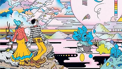 Una imagen de estilo cómic americano representa un paisaje surrealista con dos figuras caminando tomadas de la mano. El fondo muestra montañas de colores pastel, un cielo con nubes estilizadas y un gran círculo rosa.