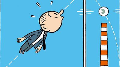 Viñeta de cómic surrealista: personaje en traje gris volando, observado por un gran ojo y una torre a rayas. Estilo de dibujo simple y claro. Viñeta de cómic surrealista: personaje en traje gris volando, observado por un gran ojo y una torre a rayas. Estilo de dibujo simple y claro.