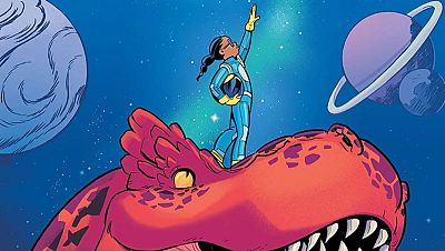 Moon Girl, sobre un dinosaurio rojo, señala algo en un espacio con planetas y estrellas. Ilustración estilo cómic. Moon Girl, sobre un dinosaurio rojo, señala algo en un espacio con planetas y estrellas. Ilustración estilo cómic.