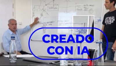 Imagen falsa de Netanyahu señalando una pizarra en la que aparece la palabra ‘Spain’ con el sello creado con IA Imagen falsa de Netanyahu señalando una pizarra en la que aparece la palabra ‘Spain’ con el sello creado con IA