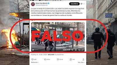 Mensaje que difunde la falsa idea de que el vídeo muestra protestas kurdas en Marsella en la actualidad