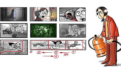 Storyboard de "Spanish Movie" de Paco Sáez con paneles que ilustran escenas variadas: personajes con expresiones de sorpresa y terror, una figura con máscara, una escena exterior con un tractor, y personajes femeninos volando.