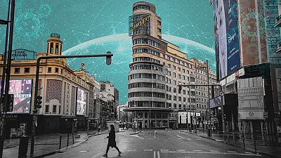Imagen de la Gran Vía de Madrid a finales de marzo de 2020, en pleno confinamiento.