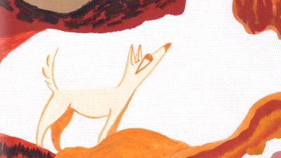 Un perro de color crema, con detalles anaranjados, alza la cabeza en una ilustración. El entorno se sugiere con manchas abstractas en tonos cálidos sobre un fondo blanco. Un perro de color crema, con detalles anaranjados, alza la cabeza en una ilustración. El entorno se sugiere con manchas abstractas en tonos cálidos sobre un fondo blanco.