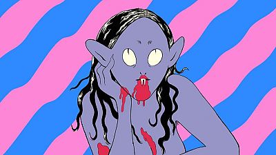 Personaje lila con cabello negro, orejas puntiagudas y ojos amarillos. Sangre gotea de su boca y barbilla. Fondo de franjas azules y rosas. Personaje lila con cabello negro, orejas puntiagudas y ojos amarillos. Sangre gotea de su boca y barbilla. Fondo de franjas azules y rosas.