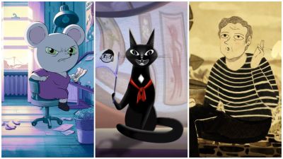 Tres ilustraciones de dibujos animados: un ratón molesto en una oficina, un gato negro con un banderín y un hombre fumando en un entorno paisajístico.