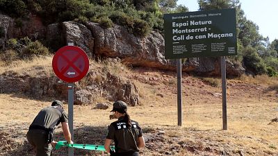 Agents rurals amb uniformes verds restringeixen l'accés al Coll de can Maçana, Espai Natura Montserrat, amb una cinta i una senyal de prohibició. Un cartell dona la benvinguda. Agents rurals amb uniformes verds restringeixen l'accés al Coll de can Maçana, Espai Natura Montserrat, amb una cinta i una senyal de prohibició. Un cartell dona la benvinguda.