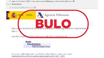 Imagen del correo electrónico que suplanta a la Agencia Tributaria con el sello bulo en rojo de VerificaRTVE Imagen del correo electrónico que suplanta a la Agencia Tributaria con el sello bulo en rojo de VerificaRTVE