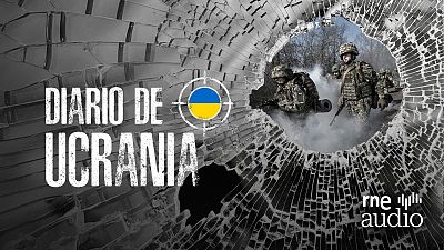 Un diseño muestra un cristal roto que revela una escena bélica. En la parte superior izquierda, se lee "Diario de Ucrania" y un elemento gráfico con los colores de una bandera. Soldados con uniformes de camuflaje y humo sugieren un escenario de conflicto.