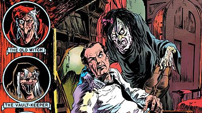 Portada de cómic de terror con un hombre aterrorizado y una criatura grotesca. Incluye retratos de "THE OLD WITCH" y "THE VAULT-KEEPER". Portada de cómic de terror con un hombre aterrorizado y una criatura grotesca. Incluye retratos de "THE OLD WITCH" y "THE VAULT-KEEPER".