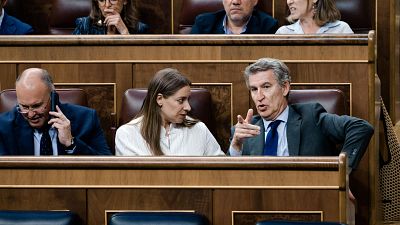 El secretario general del PP, Miguel Tellado; la portavoz del PP en el Congreso, Ester Muñoz; y el presidente del Partido Popular, Alberto Nuñez Feijóo