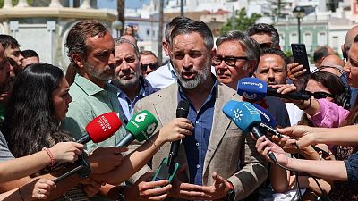 El presidente de Vox, Santiago Abascal, este viernes, en Ayamonte (Huelva)