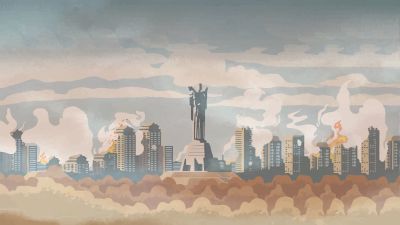 Ilustración de la ciudad de Kiev en llamas y de la estatua de la Madre Ucrania mutilada Ilustración de la ciudad de Kiev en llamas y de la estatua de la Madre Ucrania mutilada