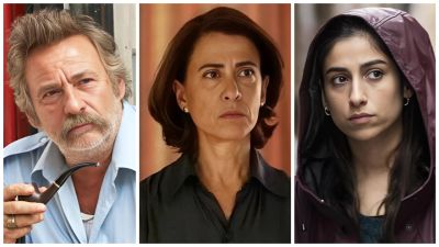 Tres retratos de actores nominados a los Premios Platino: un hombre mayor con barba y pipa, una mujer con blusa negra y una joven con chaqueta granate.