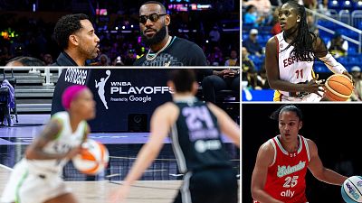 Fotocomposición con imágenes de Maverick Carter y Lebron James, Awa Fam, Alyssa Thomas y un partido de la fase final de la WNBA, en el sentido de las agujas del reloj desde arriba a la izquierda Fotocomposición con imágenes de Maverick Carter y Lebron James, Awa Fam, Alyssa Thomas y un partido de la fase final de la WNBA, en el sentido de las agujas del reloj desde arriba a la izquierda