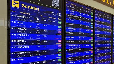 Panel de salidas de vuelos con información de hora, destino, estado (abierto, cerrado, cancelado) y puerta de embarque, en catalán e inglés. Se muestran numerosos destinos. Panel de salidas de vuelos con información de hora, destino, estado (abierto, cerrado, cancelado) y puerta de embarque, en catalán e inglés. Se muestran numerosos destinos.