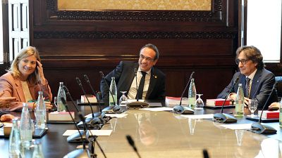 La vicepresidenta del Parlament, Raquel Sans; el president del Parlament, Josep Rull, i el vicepresident segon, David Pérez, en la reunió de la mesa La vicepresidenta del Parlament, Raquel Sans; el president del Parlament, Josep Rull, i el vicepresident segon, David Pérez, en la reunió de la mesa