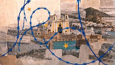 Collage editorial sobre la frontera sur de la UE en Ceuta, con alambre de espino, estrellas de la UE, recortes de periódicos y vistas de la ciudad, abordando las tensiones migratorias. Collage editorial sobre la frontera sur de la UE en Ceuta, con alambre de espino, estrellas de la UE, recortes de periódicos y vistas de la ciudad, abordando las tensiones migratorias.