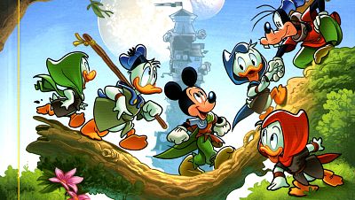 Mickey Mouse, Donald Duck, Huey, Dewey y Louie caminan por una rama, con Goofy uniéndose a la aventura bajo dos lunas y un castillo.