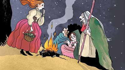 Portada de cómic: cuatro mujeres alrededor de una fogata nocturna bajo un cielo estrellado. Una pelirroja con cesta se acerca a un grupo que incluye una anciana con bastón. Portada de cómic: cuatro mujeres alrededor de una fogata nocturna bajo un cielo estrellado. Una pelirroja con cesta se acerca a un grupo que incluye una anciana con bastón.