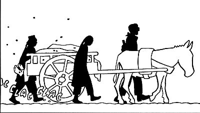 En una viñeta sombría, una figura en silueta arrastra un carro de madera con cuerpos cubiertos, acompañada por otra figura cabizbaja y un burro que tira del carro, con una figura montada. En una viñeta sombría, una figura en silueta arrastra un carro de madera con cuerpos cubiertos, acompañada por otra figura cabizbaja y un burro que tira del carro, con una figura montada.