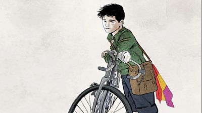 Niño con expresión triste apoyado en una bicicleta, con una bandolera y una pequeña bandera republicana. Portada del cómic "República". Niño con expresión triste apoyado en una bicicleta, con una bandolera y una pequeña bandera republicana. Portada del cómic "República".