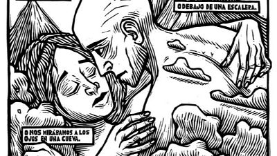 Grabado en blanco y negro: escena íntima entre una mujer de cabello oscuro y un hombre calvo. Sus rostros están muy cerca; sus manos se tocan. Textos en la imagen indican un lugar secreto. Grabado en blanco y negro: escena íntima entre una mujer de cabello oscuro y un hombre calvo. Sus rostros están muy cerca; sus manos se tocan. Textos en la imagen indican un lugar secreto.