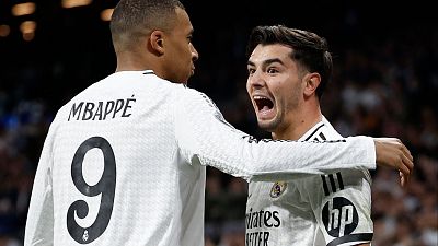 Kylian Mbappe y Brahim Díaz durante el Real Madrid - Atlético de Madrid de los octavos de final de la Champions League. Kylian Mbappe y Brahim Díaz durante el Real Madrid - Atlético de Madrid de los octavos de final de la Champions League.