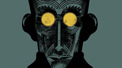 Ilustración abstracta del rostro de Samuel Beckett con gafas redondas amarillas, portada del cómic 'Samuel & Beckett'. Ilustración abstracta del rostro de Samuel Beckett con gafas redondas amarillas, portada del cómic 'Samuel & Beckett'.