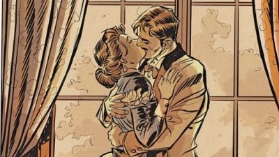 Pareja abrazada y besándose apasionadamente en una viñeta de cómic. Él lleva traje de época, ella un vestido similar. Ambiente romántico en interior con ventana y cortinas. Pareja abrazada y besándose apasionadamente en una viñeta de cómic. Él lleva traje de época, ella un vestido similar. Ambiente romántico en interior con ventana y cortinas.