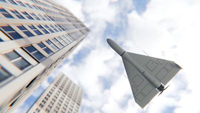 Dron kamikaze militar vuela bajo entre los modernos rascacielos de las ciudades
