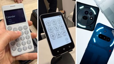 Tres teléfonos minimalistas: Punkt (teclado numérico, funciones básicas), Mudita (pantalla táctil, varias apps), y dos Nothing (diseño trasero distintivo). Tres teléfonos minimalistas: Punkt (teclado numérico, funciones básicas), Mudita (pantalla táctil, varias apps), y dos Nothing (diseño trasero distintivo).