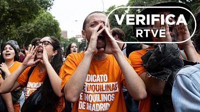 Manifestantes con la camiseta del Sindicato de Inquilinas el 3 de octubre en Madrid Manifestantes con la camiseta del Sindicato de Inquilinas el 3 de octubre en Madrid