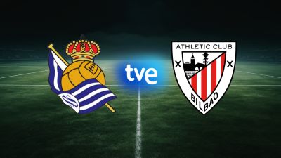 Escudos de Real Sociedad y Athletic Club de Bilbao con el logo de Televisión Española (TVE) entre ambos