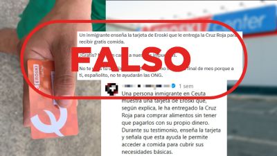 Publicaciones que difunden un vídeo de una tarjeta de Eroski como si se registrara en Ceuta y como si solo fuera para inmigrantes con el sello Falso Publicaciones que difunden un vídeo de una tarjeta de Eroski como si se registrara en Ceuta y como si solo fuera para inmigrantes con el sello Falso