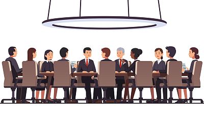 Reunión formal en sala de juntas; hombres y mujeres con trajes alrededor de una mesa, ilustrando la desigualdad de género en empresas. Reunión formal en sala de juntas; hombres y mujeres con trajes alrededor de una mesa, ilustrando la desigualdad de género en empresas.