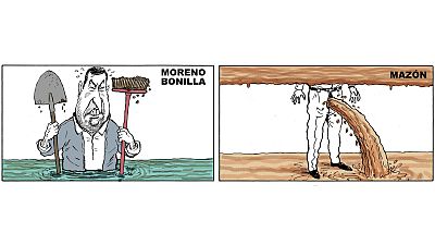 Una tira cómica de dos viñetas muestra a dos personajes. Uno está en el agua con herramientas, mientras que el otro recibe agua sucia de una tubería.