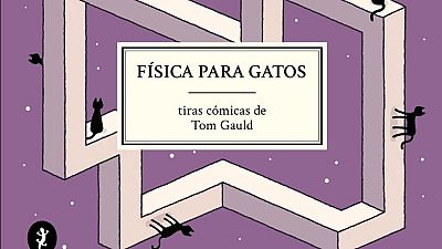 La portada muestra un laberinto tridimensional con gatos negros, destacando el título "FÍSICA PARA GATOS" y el nombre del autor, Tom Gauld, sobre un fondo morado con estrellas.