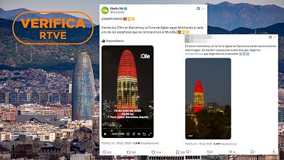 El vídeo de la Torre Glòries de Barcelona iluminada con los colores de la bandera de España es real y actual El vídeo de la Torre Glòries de Barcelona iluminada con los colores de la bandera de España es real y actual