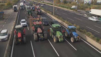 Una trentena de tractors recorren la C-32 en direcció a Barcelona Una trentena de tractors recorren la C-32 en direcció a Barcelona