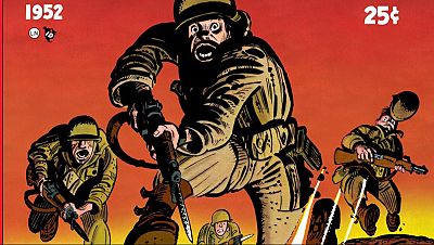 Portada de cómic bélico de 1952. Soldado corriendo con rifle, otros tres soldados tensos. Fondo rojo anaranjado. Precio: 25¢.