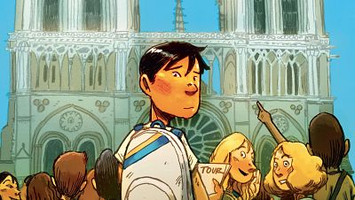 Jóvenes turistas frente a Notre Dame, portada del cómic "Siempre hay una primera vez". Una chica lleva un folleto de un tour. Jóvenes turistas frente a Notre Dame, portada del cómic "Siempre hay una primera vez". Una chica lleva un folleto de un tour.